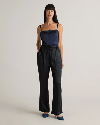 100% Washable Silk Drawstring Wide Leg Pants - XS / Black