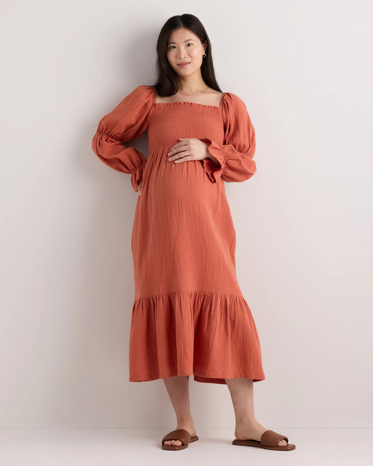 100% Organic Cotton Gauze Maternity Smocked Midi Dress - XS / Wild Cherry