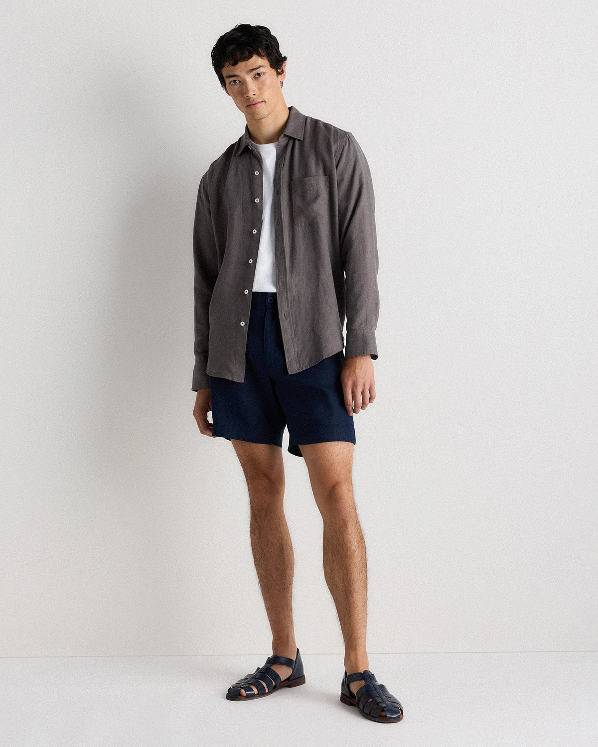 100% European Linen Relaxed Long Sleeve Pocket Shirt - S / Dark Gull Grey
