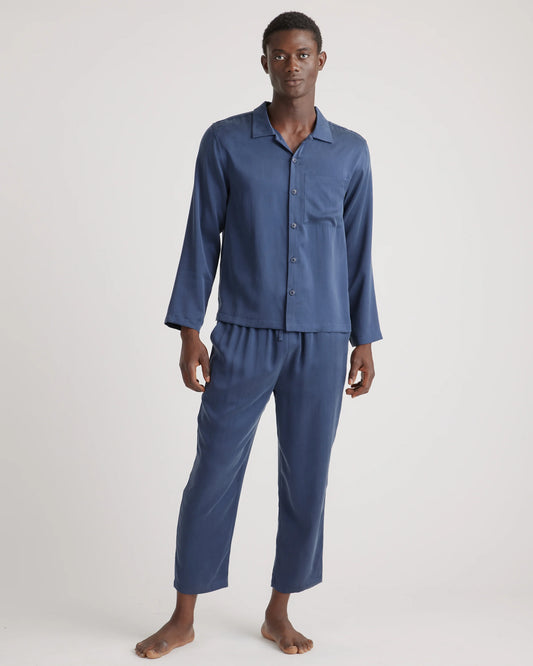 100% Washable Silk Button Down Pant Set - S / Indigo