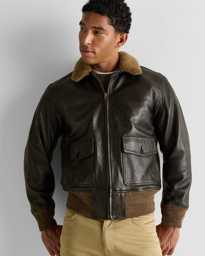 Shearling Collar Leather Flight Jacket - S / True Black