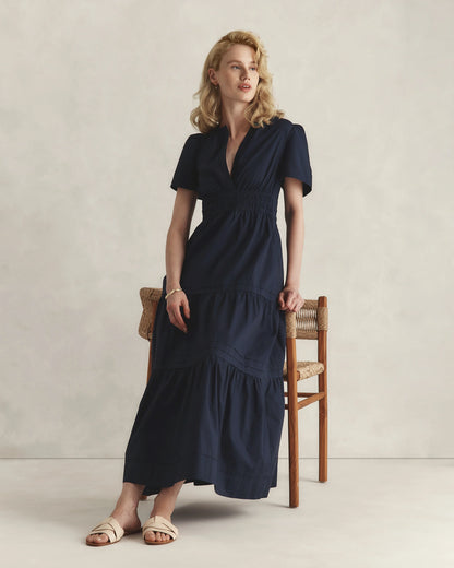 100% Organic Cotton Poplin Tiered Maxi Dress - XS / Riviera Blue Heirloom Floral