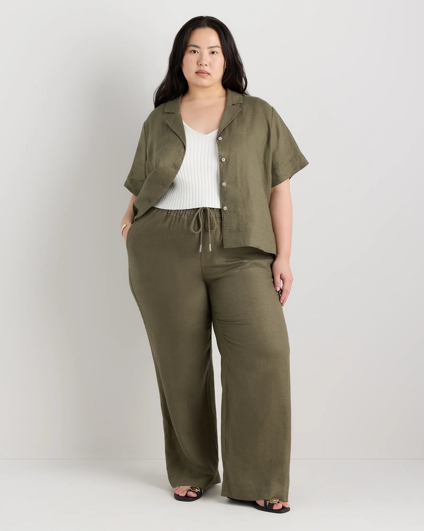 100% European Linen Wide Leg Pants - 1X / Bayberry Olive
