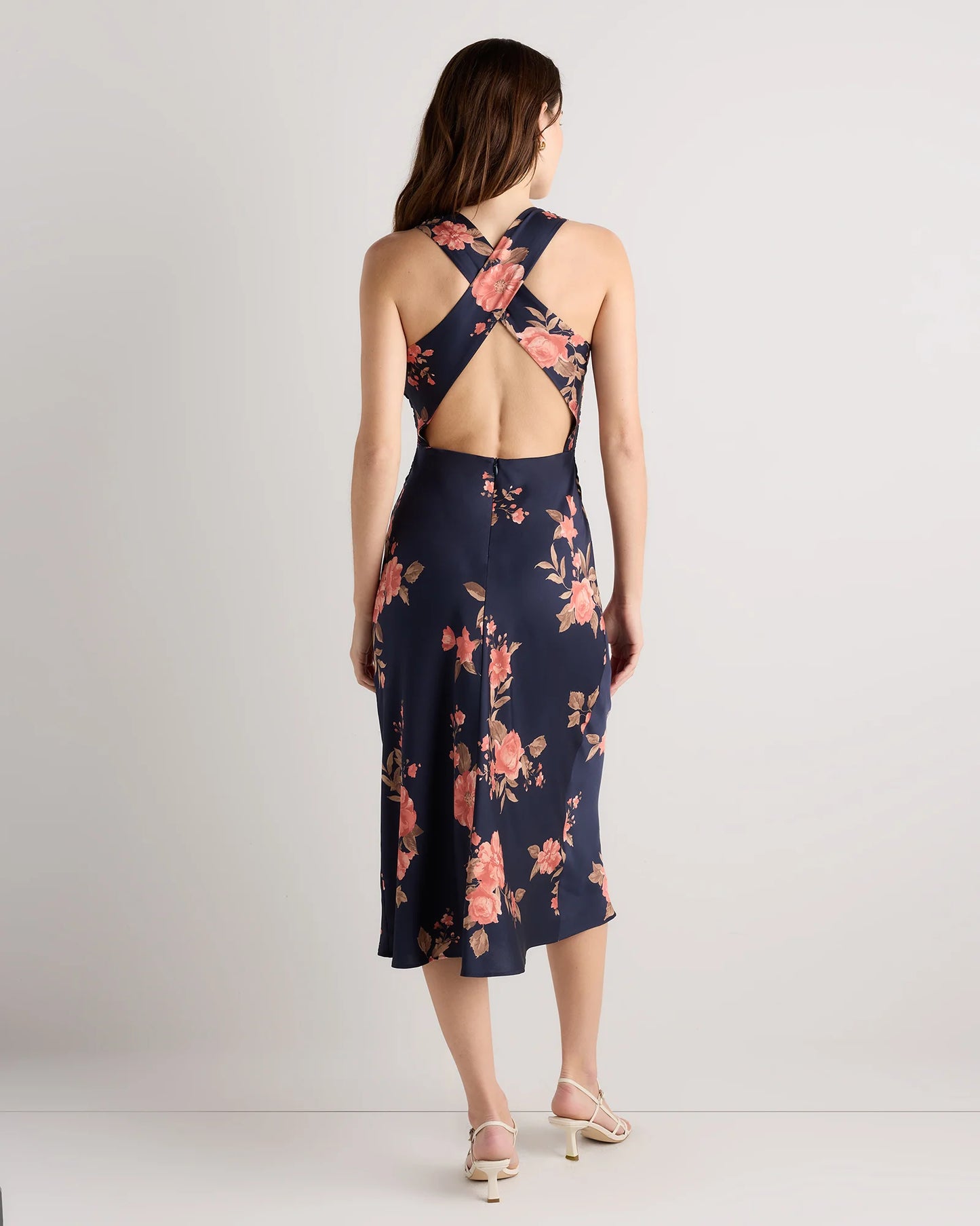 Washable Stretch Silk High Neck Midi Dress - XS / Vintage Navy Roses