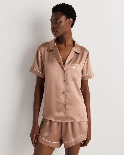 100% Washable Silk Satin Short Sleeve Pajama Top - XS / Tiny Diamonds