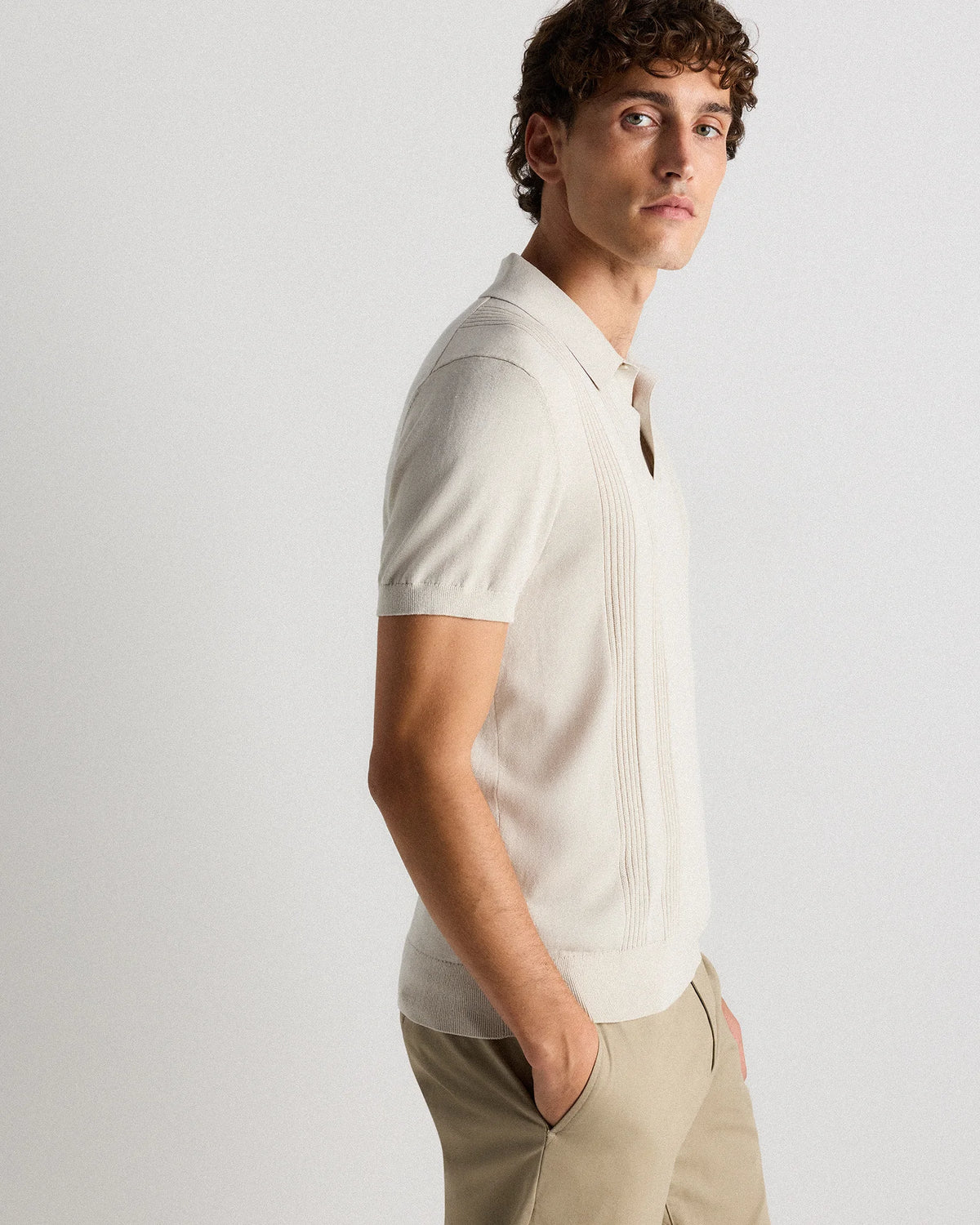 Cotton-Silk Ribbed Short Sleeve Sweater Polo - S / Speckled Beige