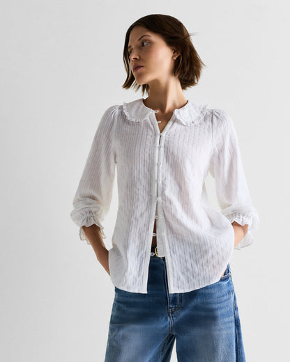 Embroidered Cotton Ruffle Collar Long Sleeve Blouse - XS / Ivory Rose Pink Petite Floral