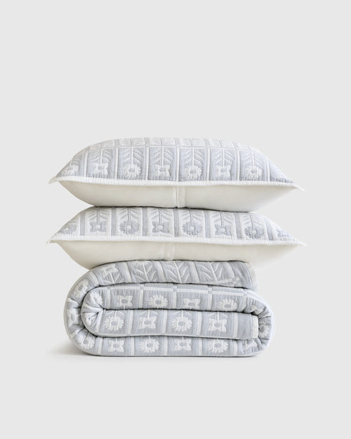 Organic Cotton Jacquard Floral Coverlet Set - Twin / Blue Fog