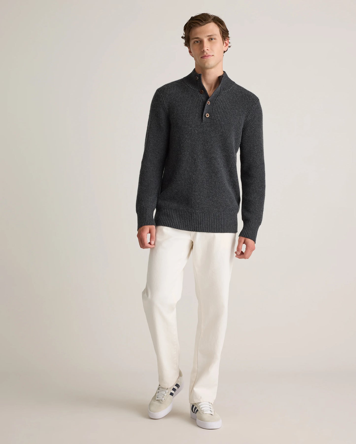 Mongolian Cashmere Waffle Quarter Button Sweater - S / Elk Brown