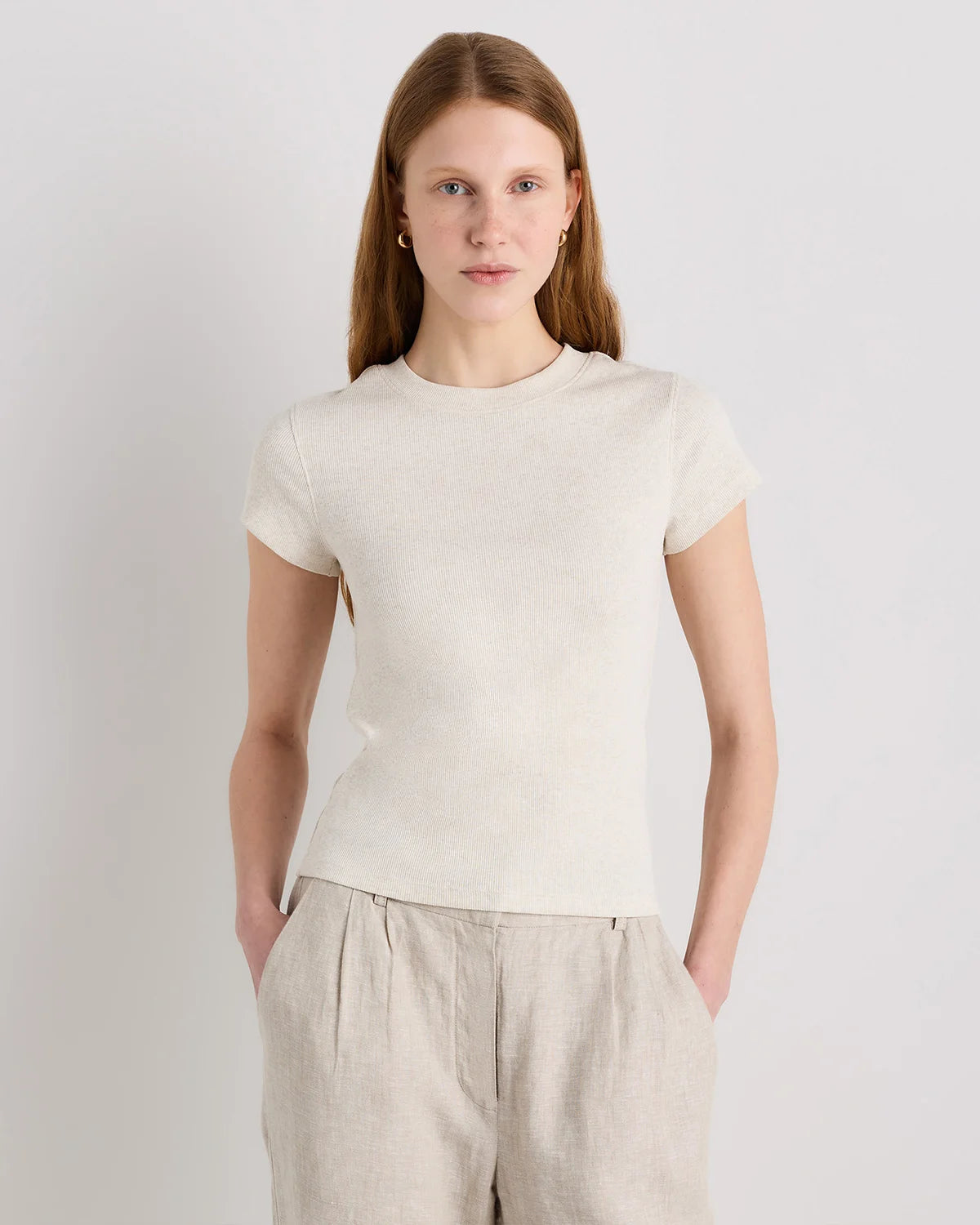 Organic Cotton Micro-Rib Crewneck Tee - XS / Heather Oatmeal