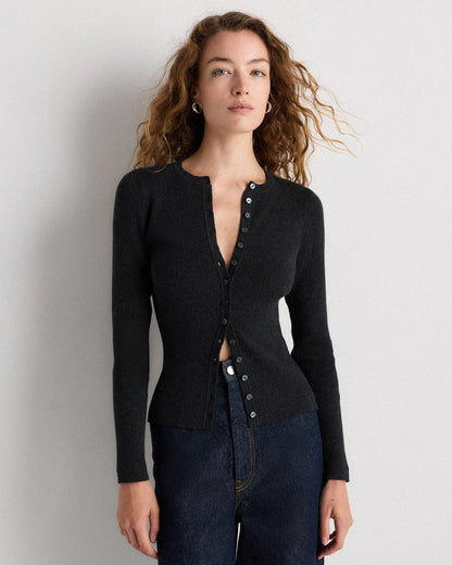 Cotton Cashmere Fitted Ribbed Cardigan - XS / Mocha Heather