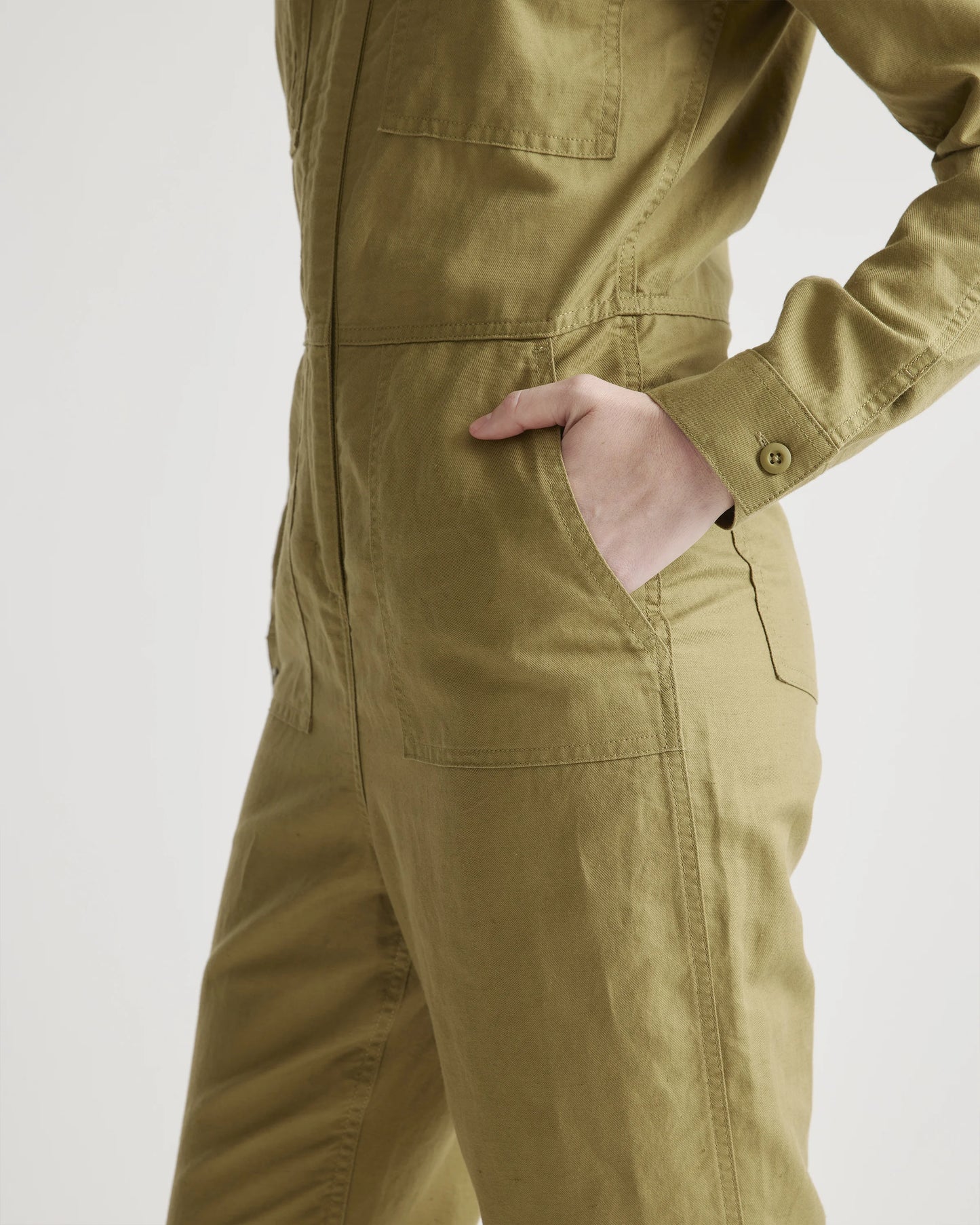 Cotton Linen Twill Long Sleeve Coverall Jumpsuit - XS / Army Green