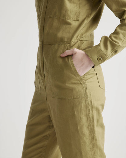 Cotton Linen Twill Long Sleeve Coverall Jumpsuit - XS / Army Green