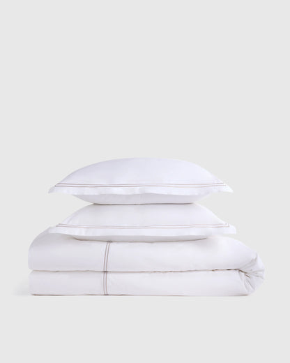 Organic Crisp Percale Embellished Duvet Cover Set - Twin / White/Navy