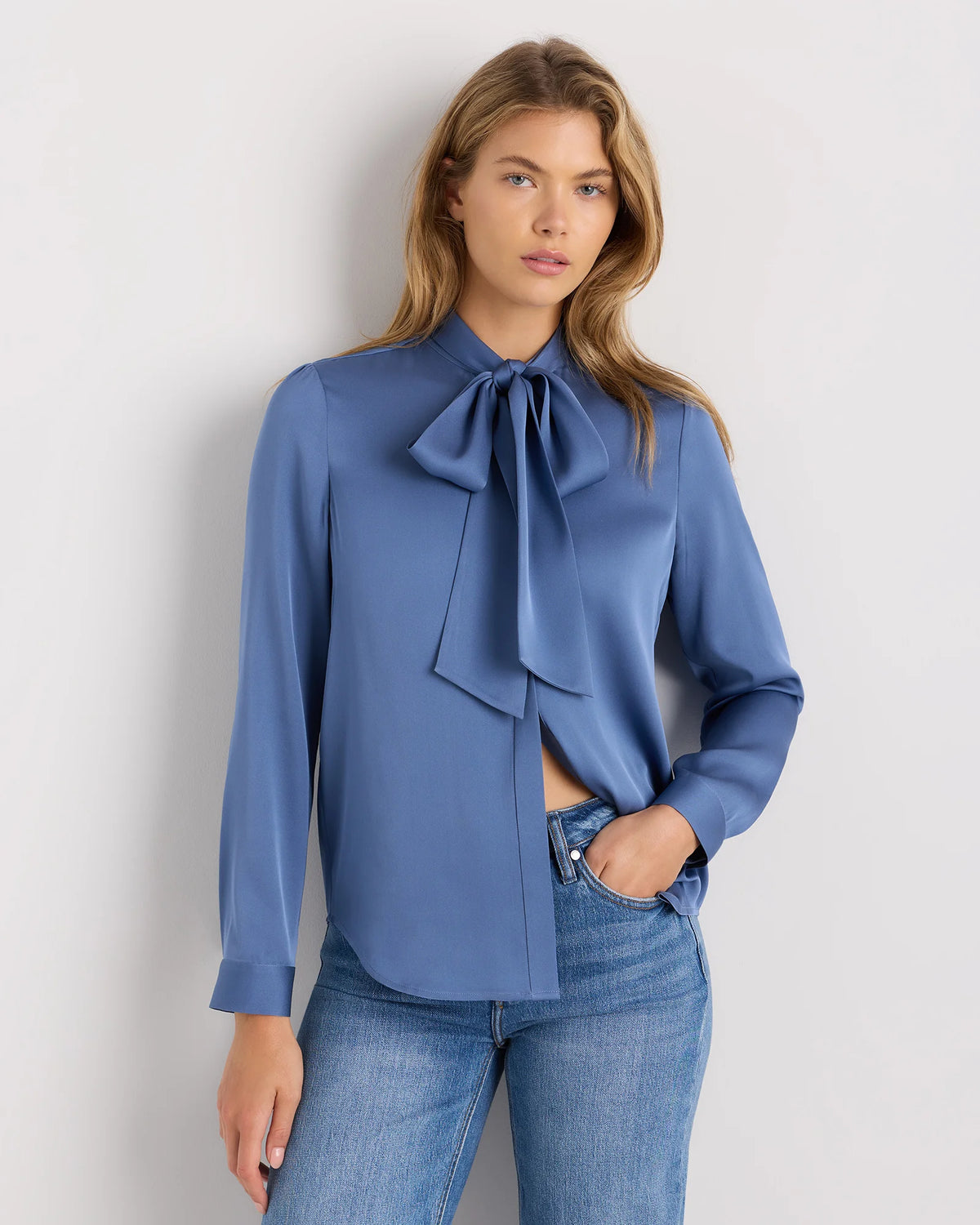 Washable Stretch Silk Tie Neck Blouse - XS / Moonstone Blue