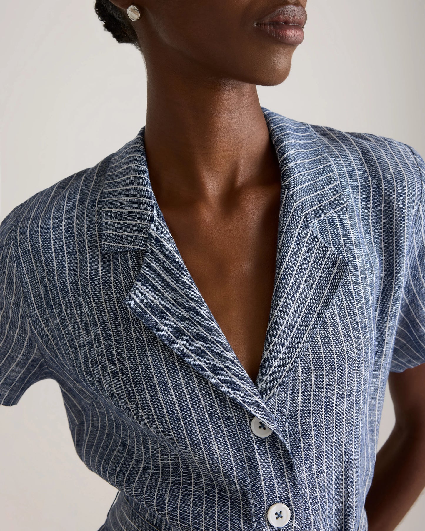 100% European Linen Button Front Dress - XS / Sky Blue Mariner Stripe