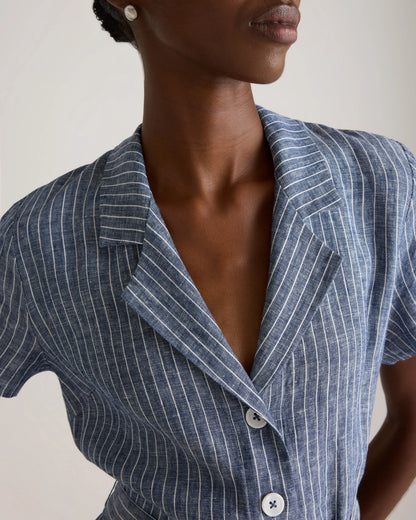 100% European Linen Button Front Dress - XS / Sky Blue Mariner Stripe