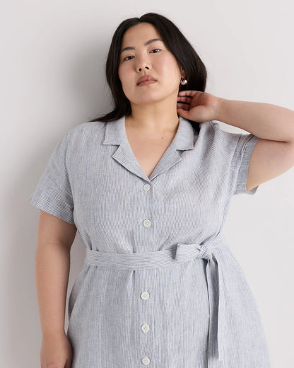 100% European Linen Button Front Dress - 1X / Blue Pinstripe