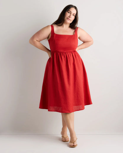 100% European Linen Fit & Flare Midi Dress - 1X / Chile