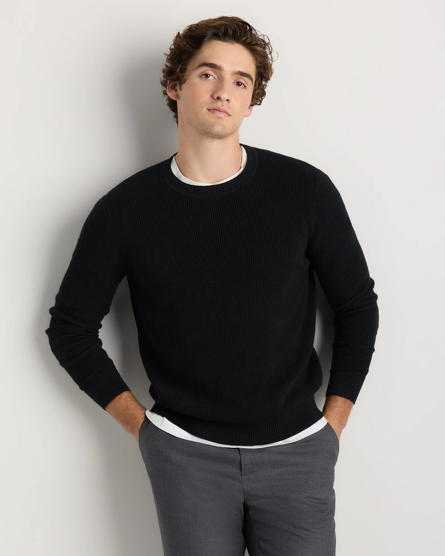 Organic Cotton Cashmere Waffle Crewneck Sweater - S / Bayberry Olive