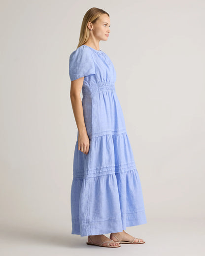 100% European Linen Tiered Maxi Dress - XS / Ivory Porcelain Blue Petite Floral
