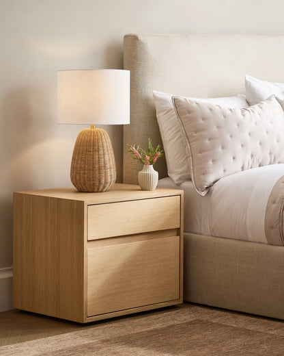 Natural Rattan Table Lamp with Linen Shade - One Size / Light Brown