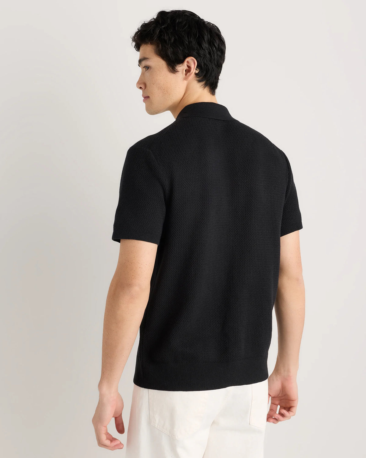 100% Organic Cotton Mesh-Stitch Button-Up Sweater Polo - XS / Speckled Beige