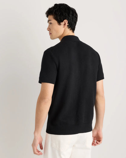 100% Organic Cotton Mesh-Stitch Button-Up Sweater Polo - XS / Speckled Beige