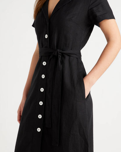 100% European Linen Button Front Dress - XS / Sky Blue Mariner Stripe