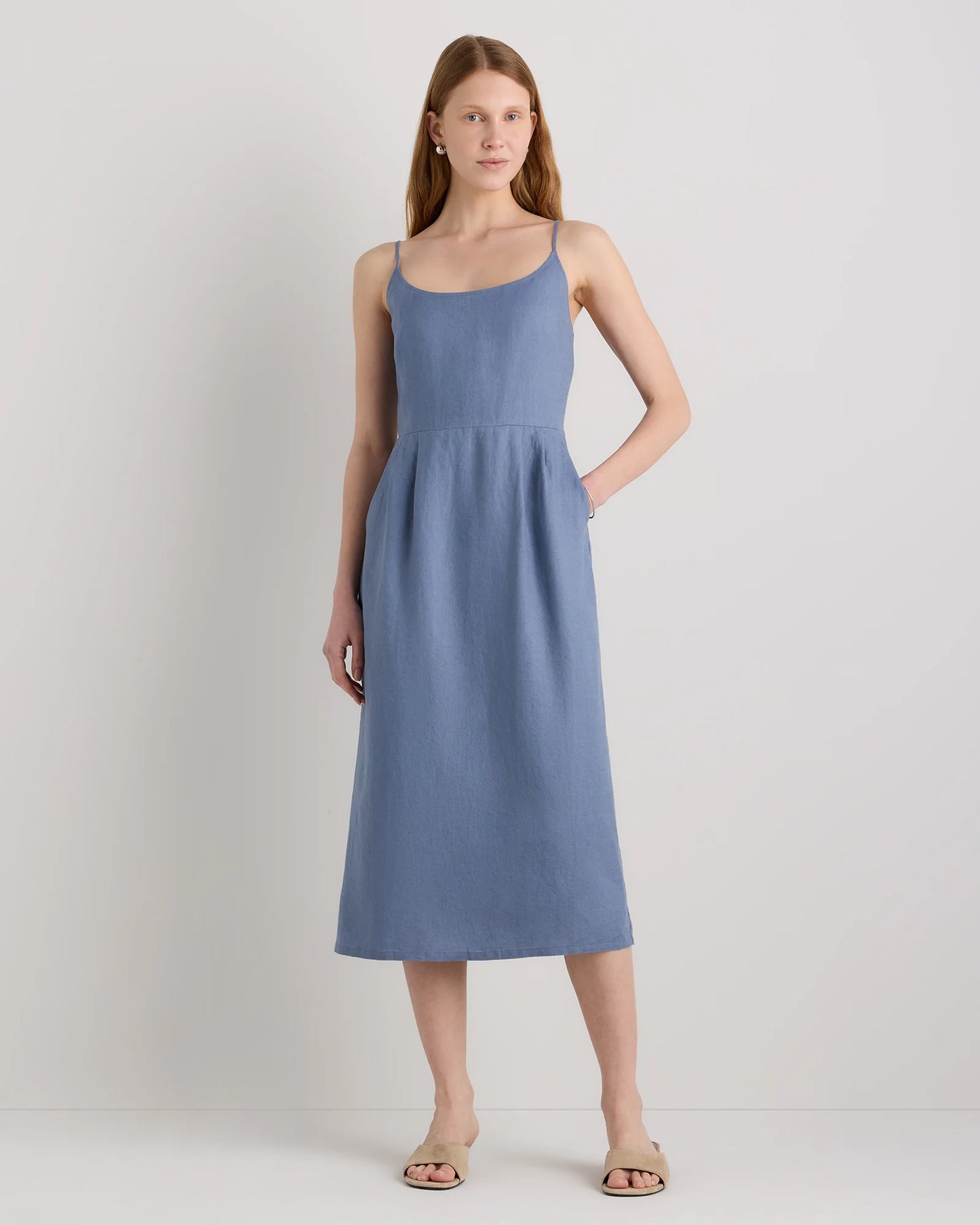 100% European Linen Scoop Neck Midi Dress - XS / Ivory Porcelain Blue Petite Floral