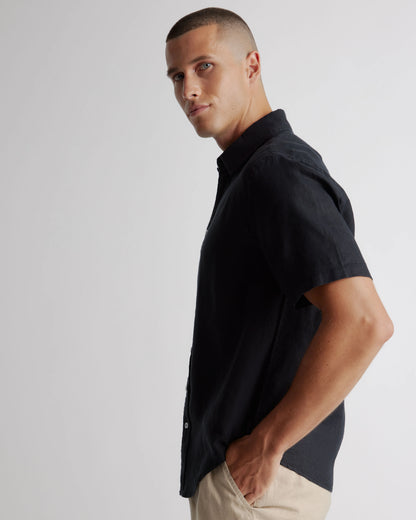 100% European Linen Relaxed Short Sleeve Shirt - XS / Taupe Brown Chambray