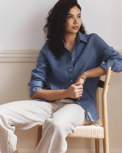 100% European Linen Long Sleeve Shirt - XS / Blue Pinstripe