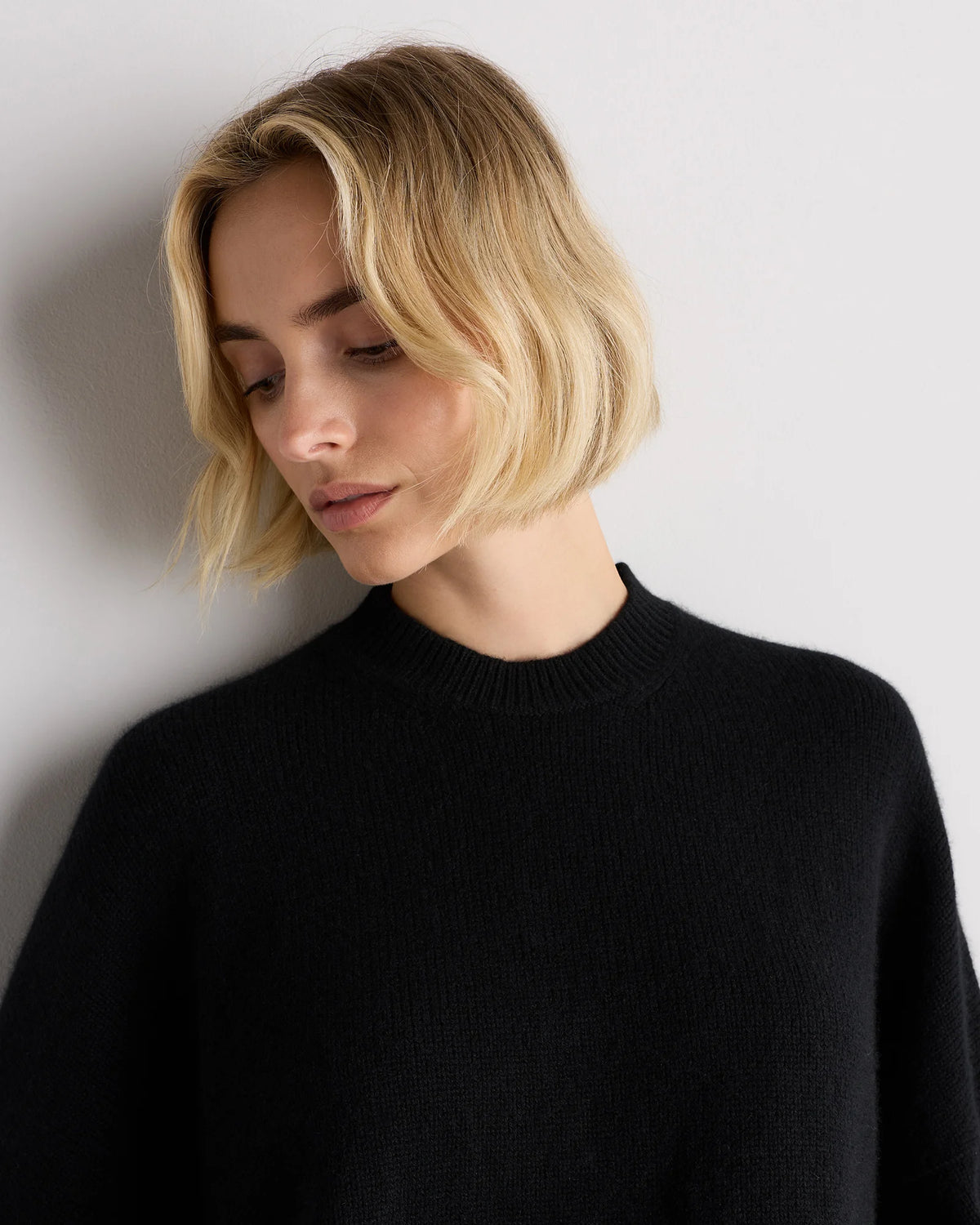 100% Mongolian Cashmere Slouchy Blouson Sleeve Crewneck - XS / Black