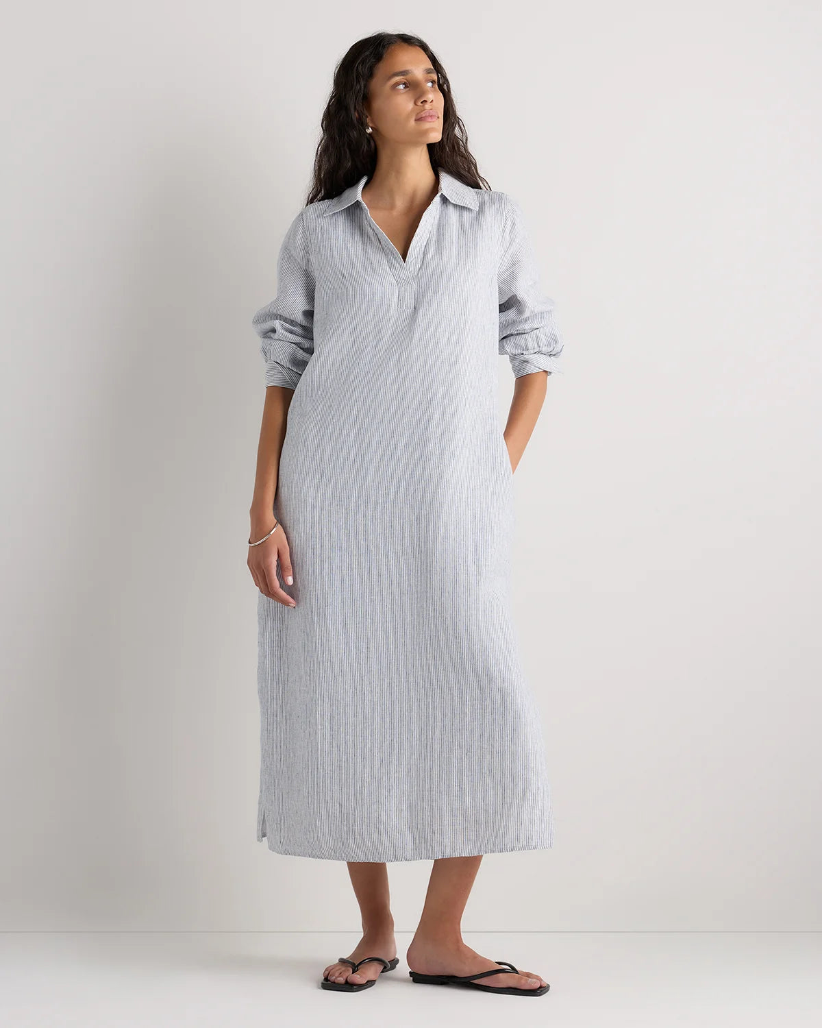100% European Linen Popover Maxi Dress - XS / Blue Pinstripe