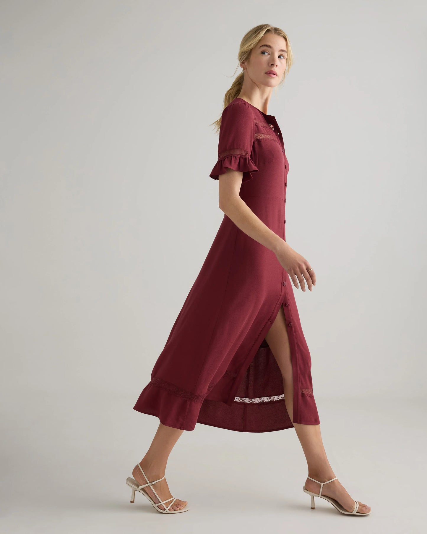 Lightweight Crepe Lace Inset Midi Dress - XS / Moonstone Blue