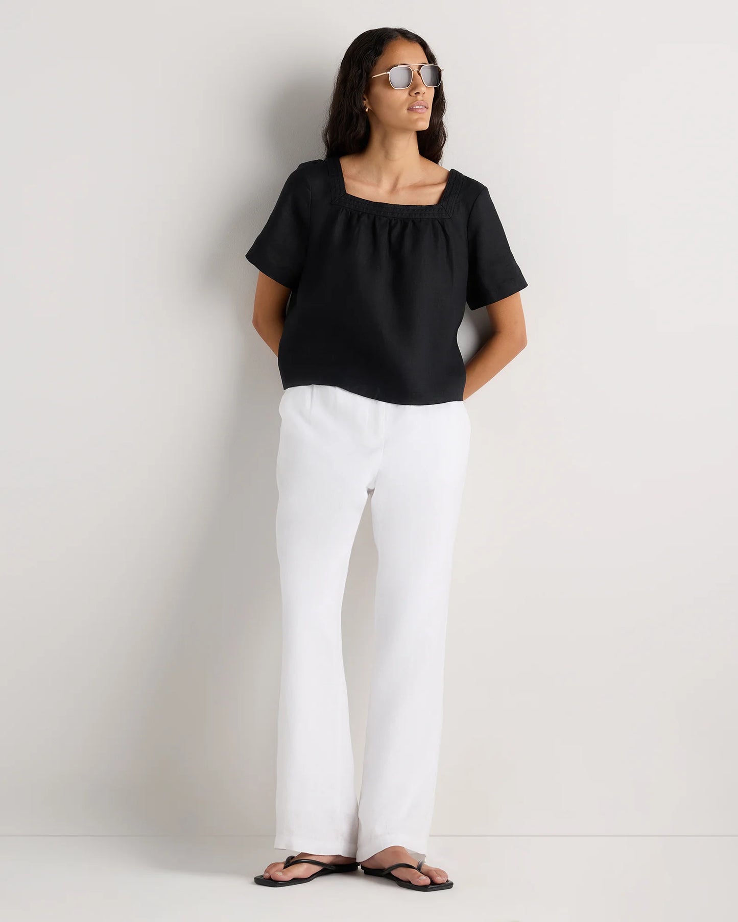 100% European Linen Square Neck Swing Top - XS / Black