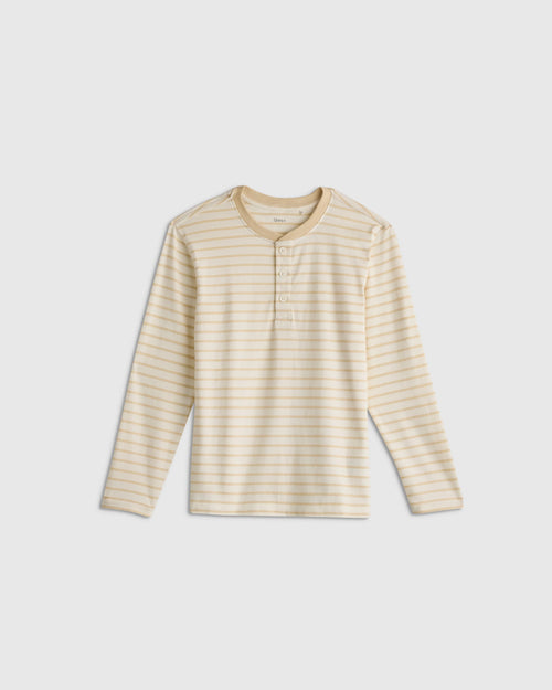 100% Organic Cotton Long Sleeve Henley Tee - 2T / Oatmeal Stripe