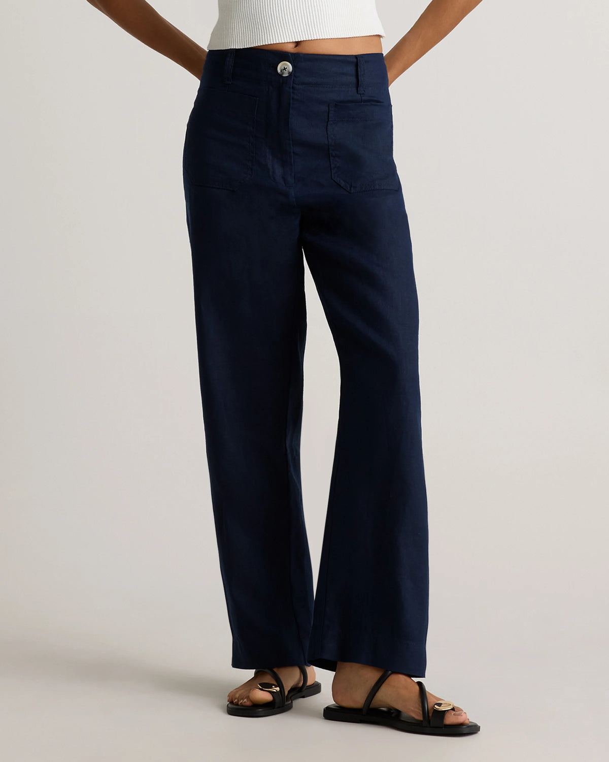 100% European Linen Patch Pocket Wide Leg Pants - 0 / Taupe Brown Chambray