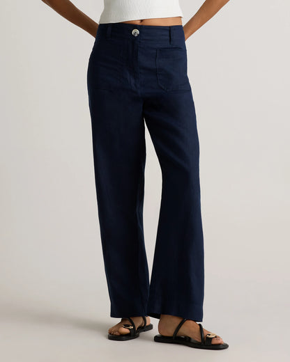 100% European Linen Patch Pocket Wide Leg Pants - 0 / Taupe Brown Chambray