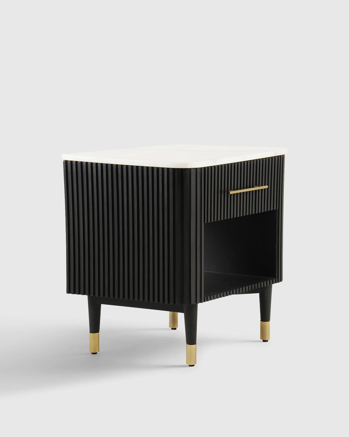 Fluted Wood and Genuine Marble Open Nightstand - One Size / Cream/Black