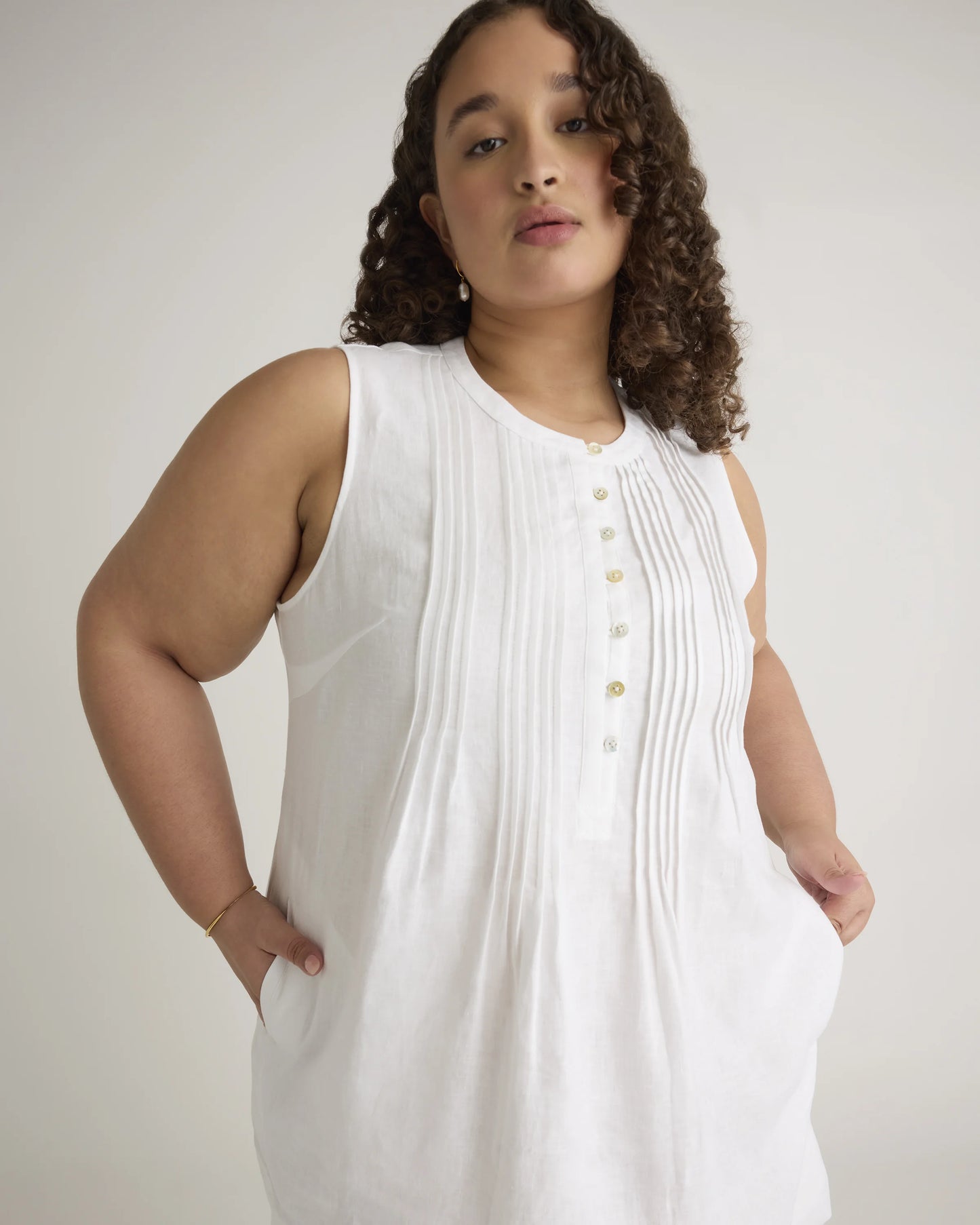 100% European Linen Sleeveless Swing Dress - 1X / Bayberry Olive