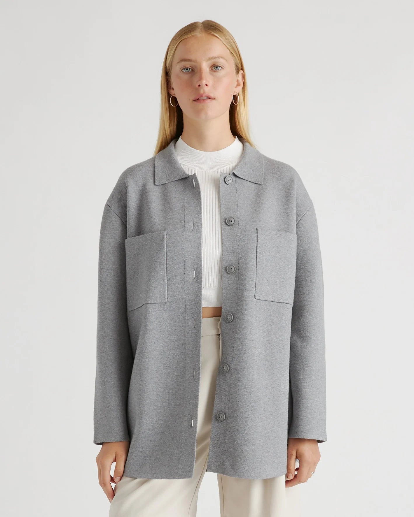 Eco-Knit Milano Stitch Oversized Shirt Jacket - XS / Heather Grey