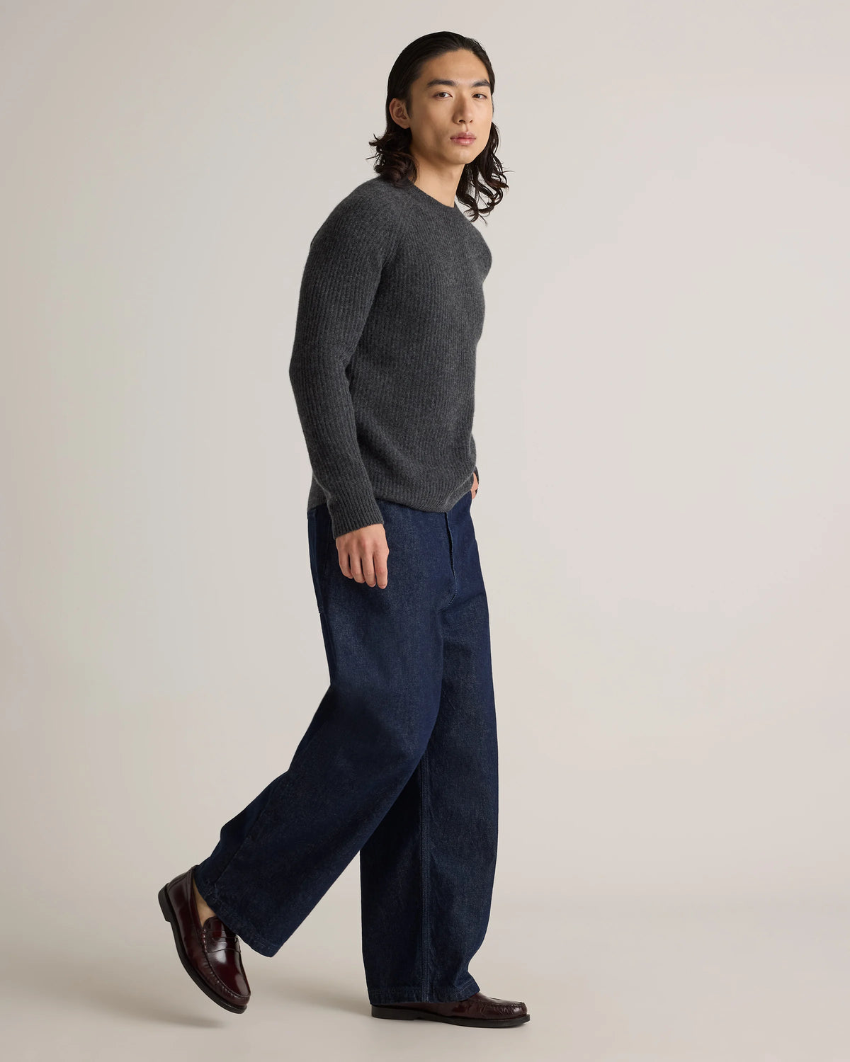 Mongolian Cashmere Fisherman Crewneck Sweater - S / Navy Marl