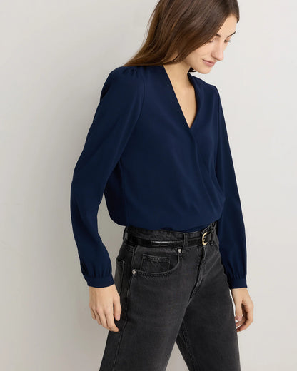 Fluid Crepe Surplice Long Sleeve Blouse - XS / Textured Navy