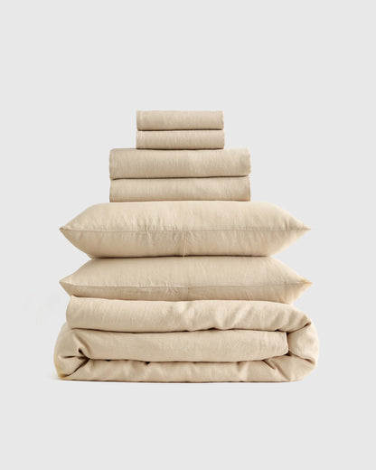 European Linen Deluxe Bedding Bundle - Twin / Willowleaf/White Stripe