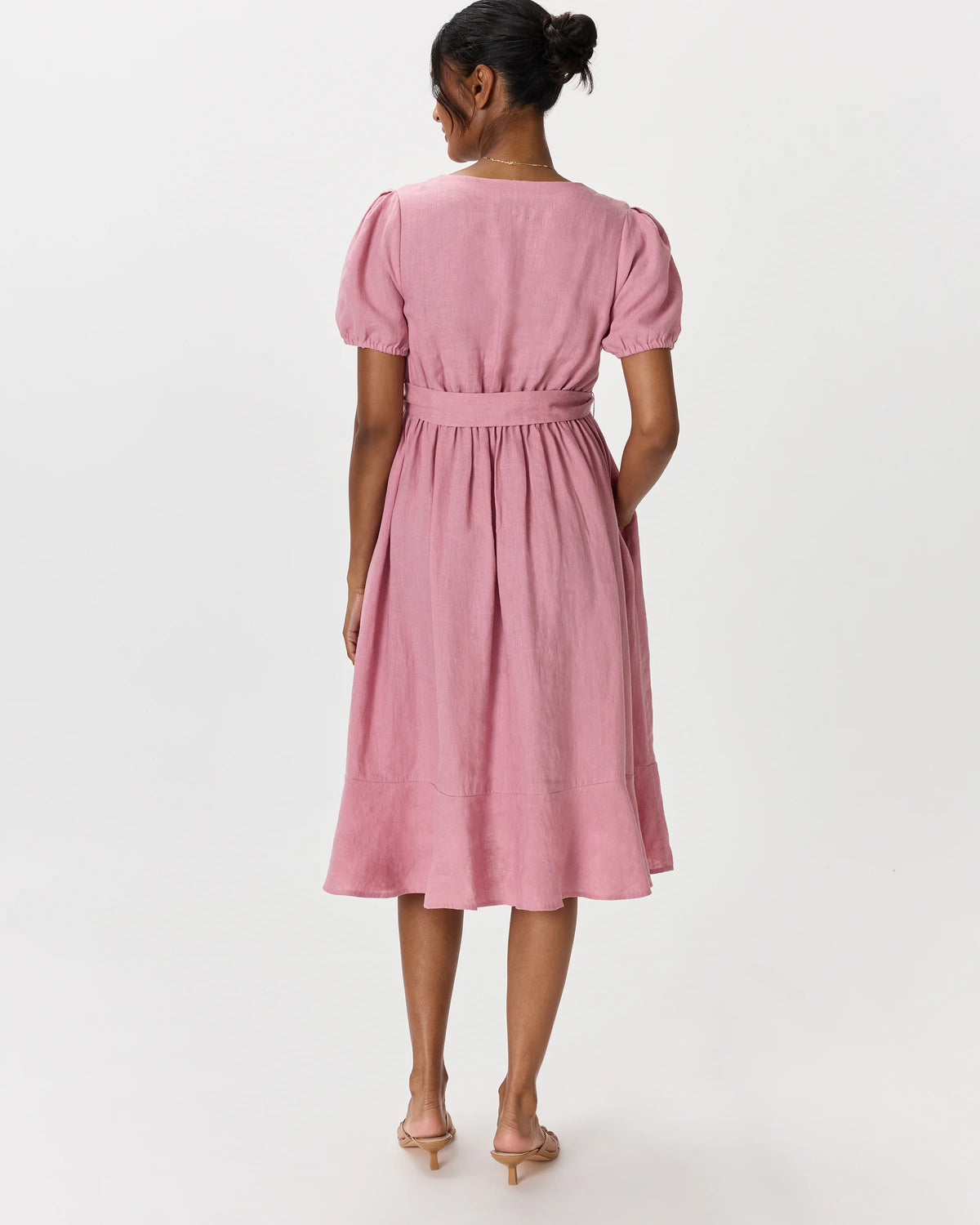 100% European Linen Maternity Short Sleeve Midi Dress - XS / Ivory Porcelain Blue Petite Floral