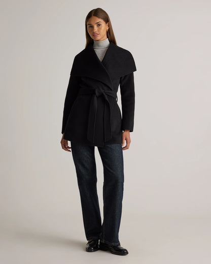 Double-Faced Merino Wool Draped Collar Short Wrap Coat - XS / Cocoa Melange