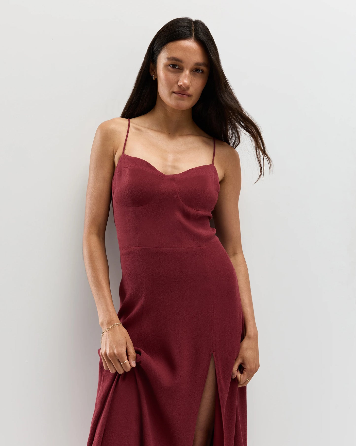 Lightweight Crepe Sweetheart Midi Dress - XS / Maroon