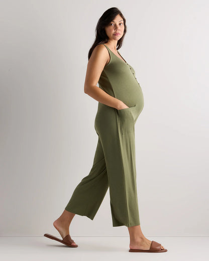 Bamboo Rib Maternity Button Front Jumpsuit - XS / Green Tea
