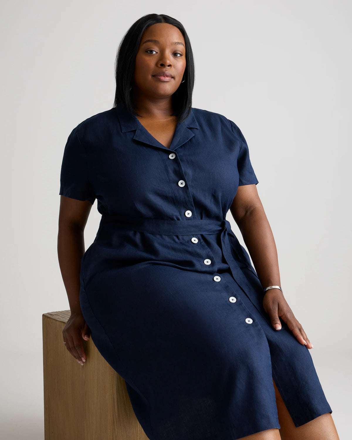 100% European Linen Button Front Dress - 1X / Blue Pinstripe